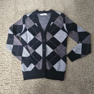 Grace Karin Size S Black and Gray Argyle V-Neck Cardigan